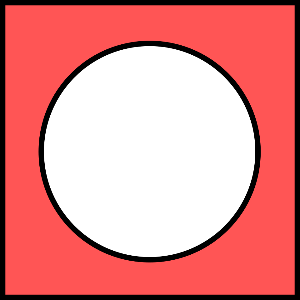 Un cercle vide inscrit dans un carré. La partie du carré non recouverte par le cercle est rouge. Les contours du cercle et du carré sont noirs.