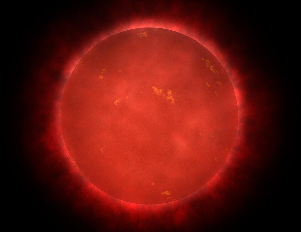 Représentation artistique d'une naine rouge, une petite étoile relativement froide qui apparaît rouge en raison de sa température.