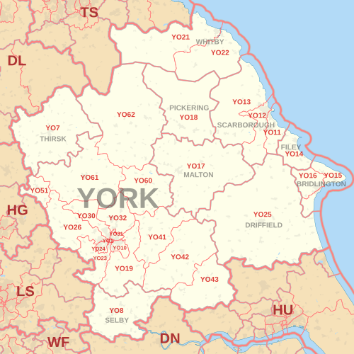 Carte de la zone de code postal YO, indiquant les districts postaux, les villes postales et les zones de code postal voisines.