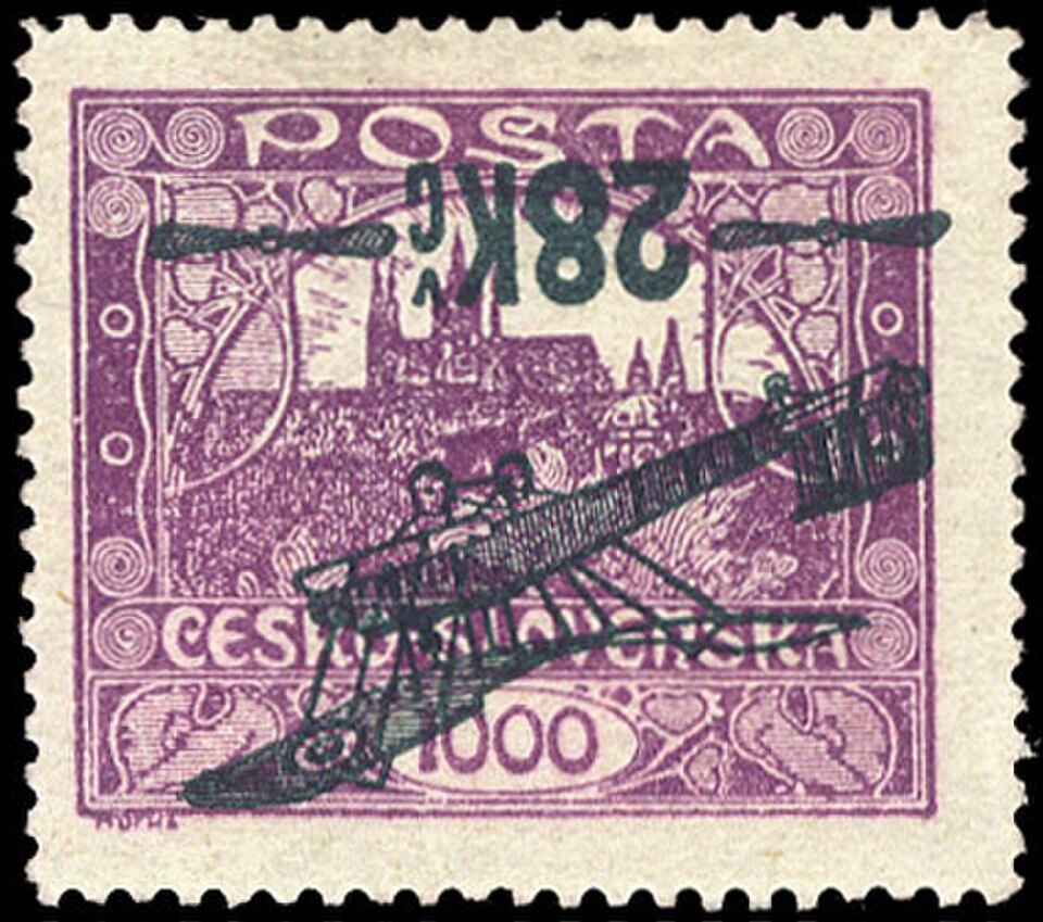 Tchécoslovaquie, 1920 : surcharge inversée pour timbre-poste aérien de 28 Kc