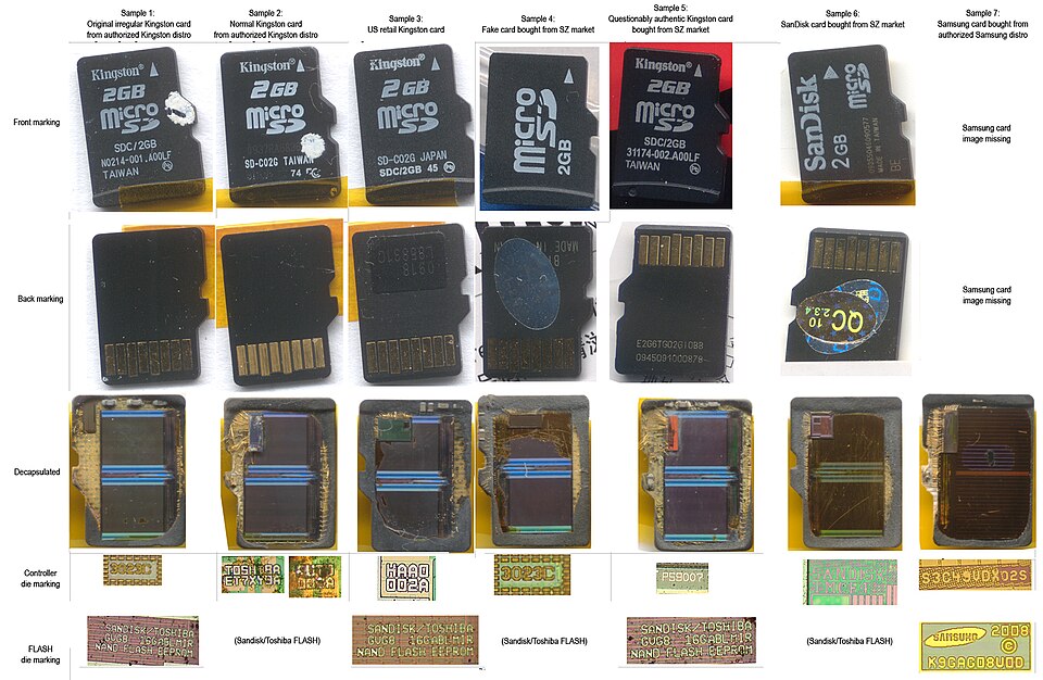 Images de cartes microSD authentiques, douteuses et contrefaites avant et après décapsulation. Plus de détails à la source.