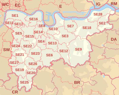 Carte des zones de codes postaux SE, montrant les districts postaux, les villes postales et les zones de codes postaux voisines.
