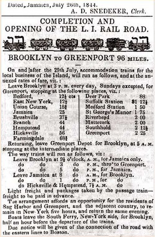Un horaire de 1844 pour le Long Island Rail Road