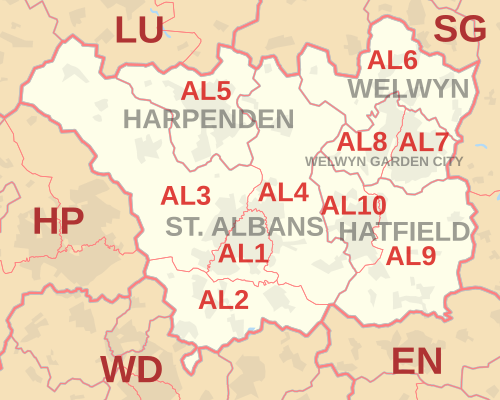 Carte de la zone de code postal AL, montrant les districts postaux, les villes postales et les zones de code postal voisines.