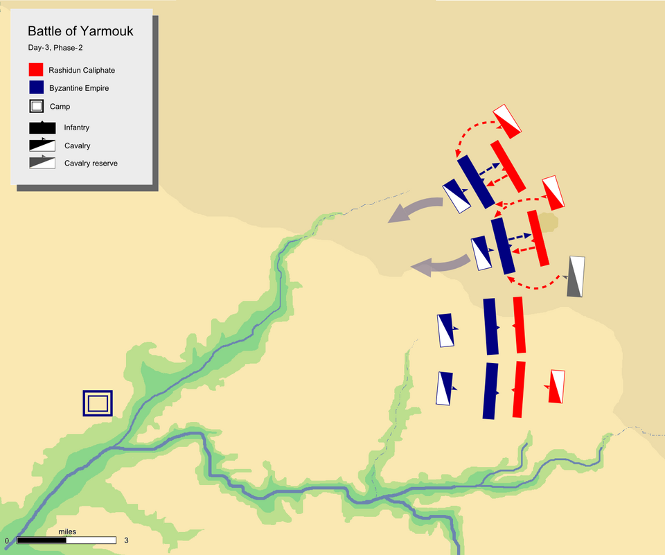 Jour 3, Phase 2. montrant l'attaque de Khalid sur le flanc gauche du centre byzantin avec sa garde mobile.