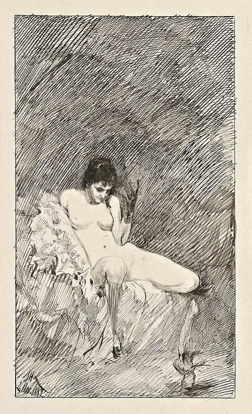 Femme nue assise avec un phallus dansant (1882), stylo à encre et pinceau sur papier, 30,6 x 18,7 cm