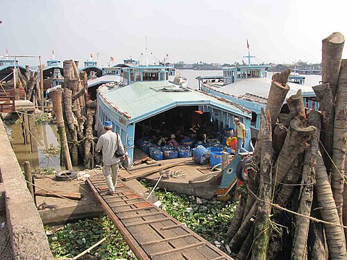 Bateaux de transport amarrés à l'usine de transformation du poisson, Mỹ Tho