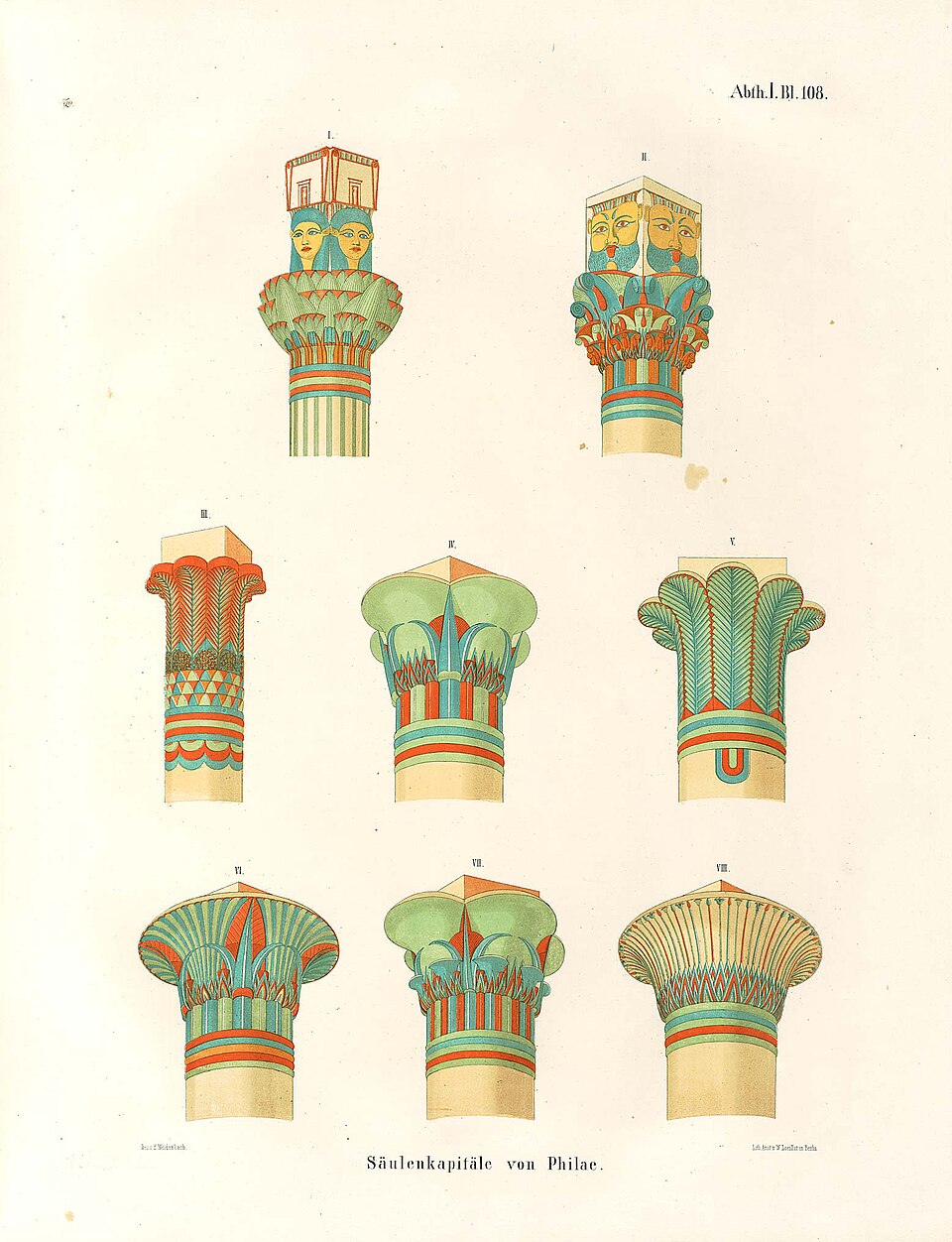 Illustration de différents types de chapiteaux, dessinée par l'égyptologue Karl Richard Lepsius