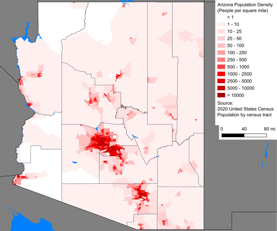 Carte de densité de population de l'Arizona, 2020