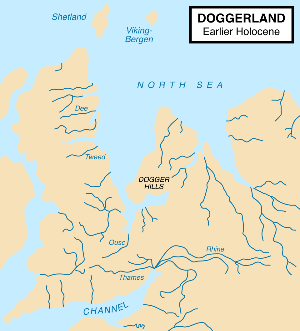 Reconstitution paléogéographique de la mer du Nord il y a environ 9 000 ans, au début de l’Holocène et après la fin de la dernière période glaciaire.