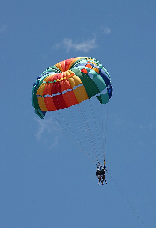 Parachute multicolore sur fond de ciel bleu