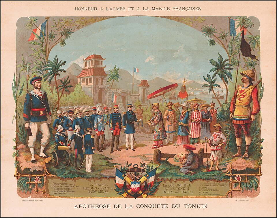 Chromolithographie de 1885 représentant la victoire française à Hué