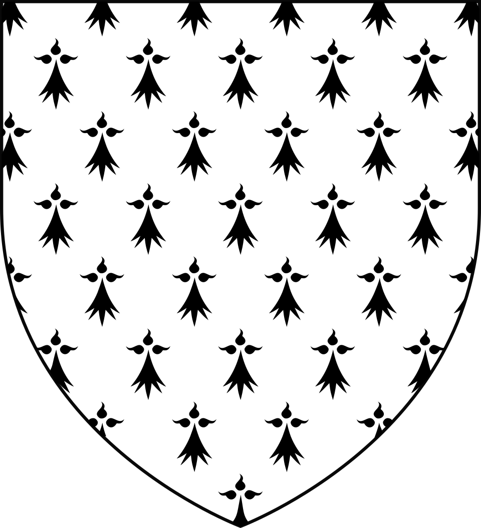 Une forme d'écu. À l'intérieur de l'écu se trouve un fond blanc orné de symboles d'hermine noire.