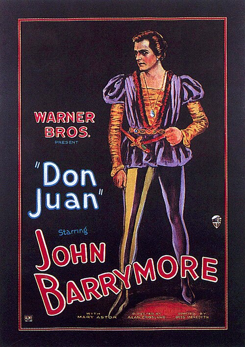 Illustration d'un homme vêtu d'un costume élisabéthain orange et violet avec des épaules bouffantes et des leggings transparents. Le texte d'accompagnement fournit les crédits du film, dominés par le nom de la star John Barrymore.