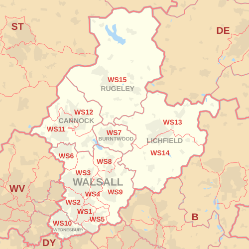 Carte des zones de codes postaux WS, indiquant les districts postaux, les villes postales et les zones de codes postaux voisines.