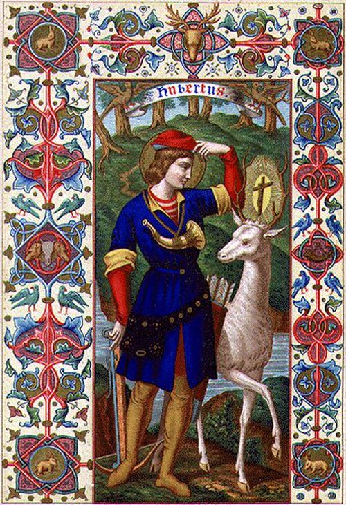 Gravure dans le style d'un manuscrit enluminé représentant Hubert de Liège avec le cerf.