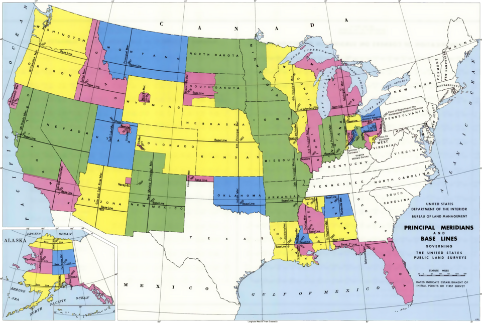Méridiens principaux et lignes de base régissant le système d'arpentage des terres publiques des États-Unis.