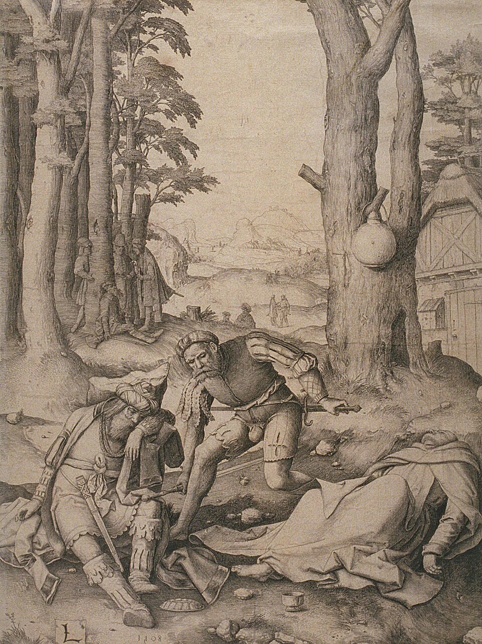 Mahomet et le moine Serge (Bahira). Cette gravure de 1508, réalisée par l'artiste néerlandais Lucas van Leyden, illustre une légende qui circulait en Europe.