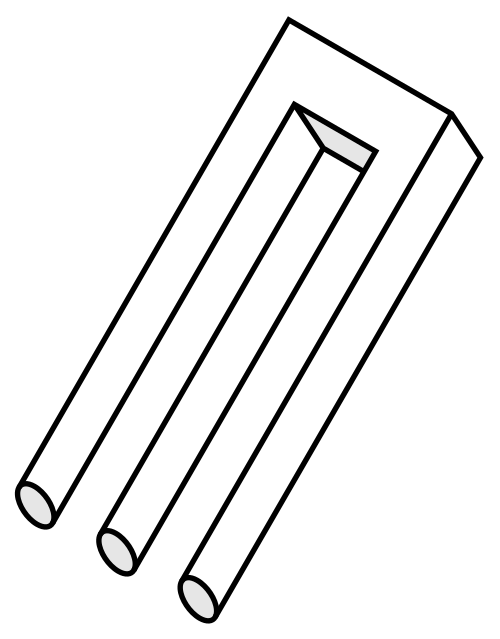 Trident impossible (ou diapason du diable) – également connu sous le nom de « blivet », il possède trois broches cylindriques à une extrémité, qui se transforment ensuite mystérieusement en deux broches rectangulaires à l'autre extrémité.[5]