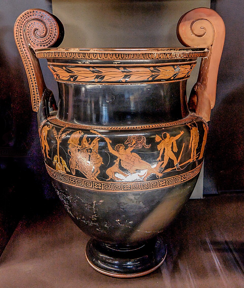 Cratère à volutes représentant la mort d'Actéon ; vers 450-440 av. J.-C. ; céramique ; hauteur : 51 cm, diamètre : 33,1 cm