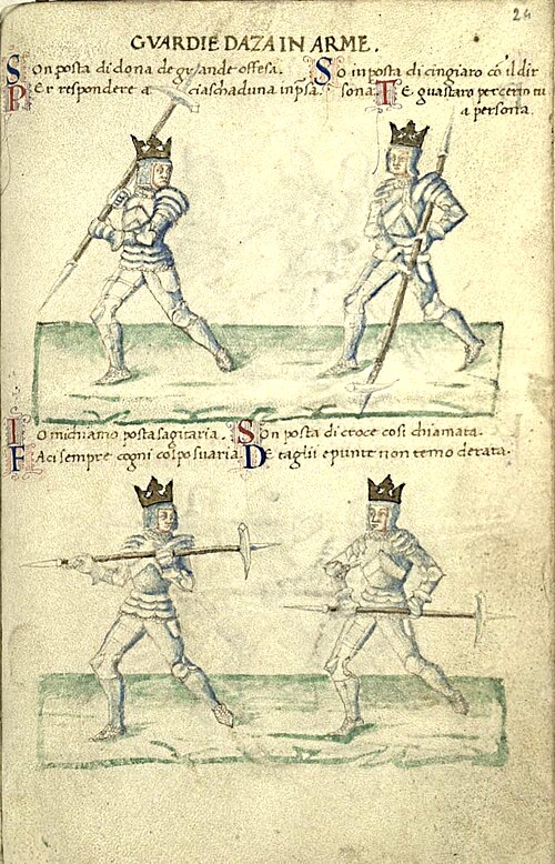Illustration de deux hommes en armure se battant à coups de haches d'armes et se moquant l'un de l'autre.
