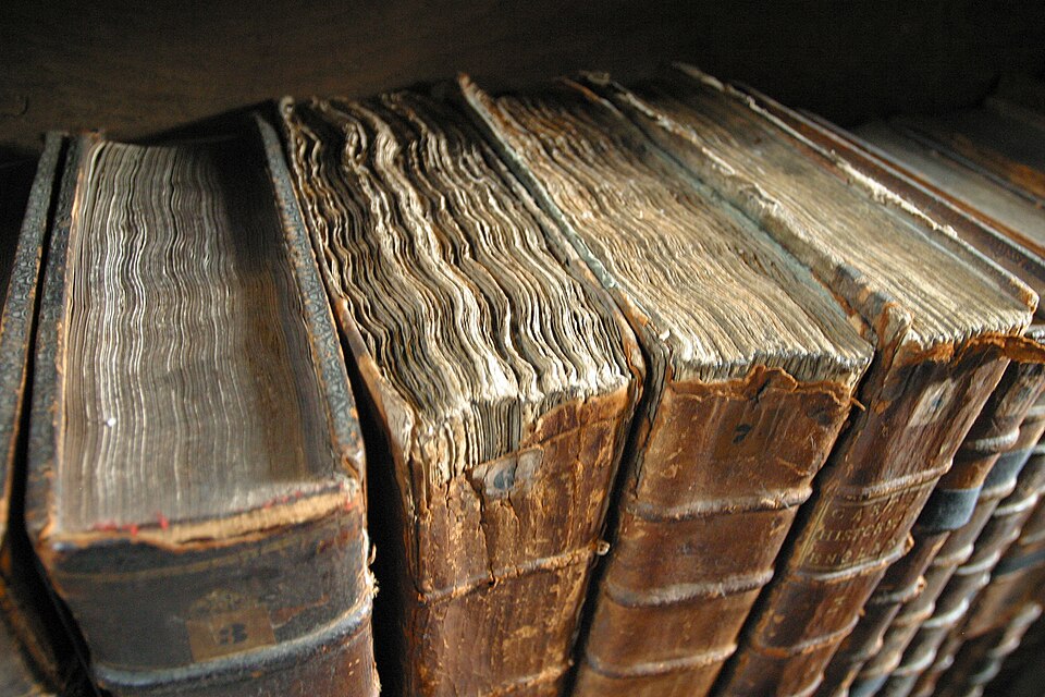 Vieux livres à couverture rigide à la bibliothèque du Merton College