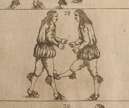 Un coup de pied au genou tel que décrit dans un traité baroque Ringen (Johann Georg Passchen 1659)