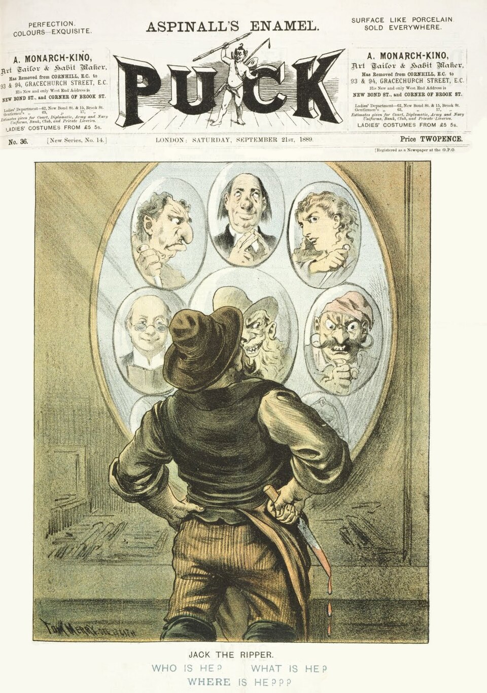 Dessin humoristique d'un homme tenant un couteau ensanglanté regardant avec mépris une demi-douzaine de portraits supposés et dissemblables.