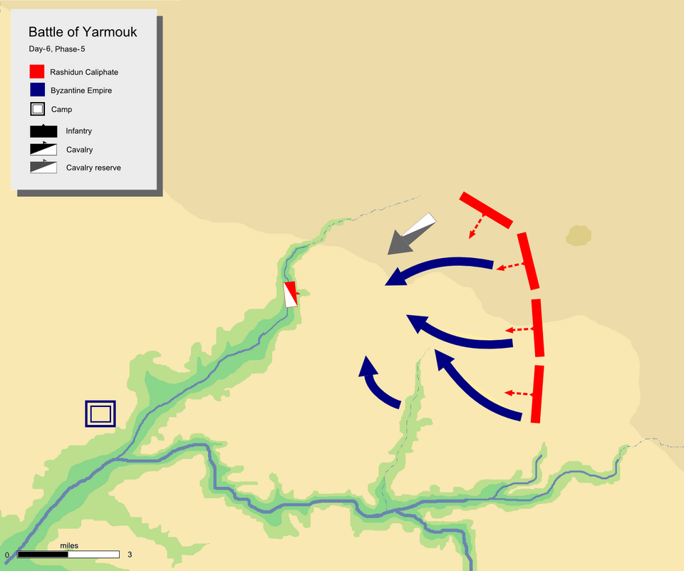 Jour 6, dernière phase, montrant la retraite générale de l'armée byzantine vers Wadi-ur-Ruqqad.