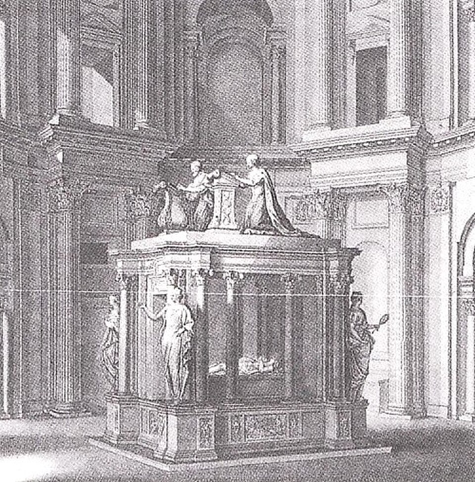 Dessin représentant l'aspect originel du tombeau d'Henri II et de son épouse ; il montre les effigies en haut et le double tombeau en dessous.