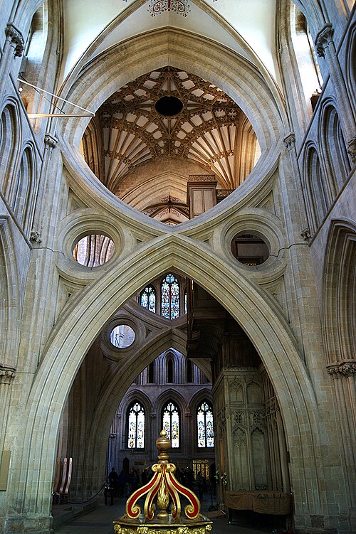 L'arrangement d'arcs à crémaillère « ciseaux » de la cathédrale de Wells comprend un arc inversé