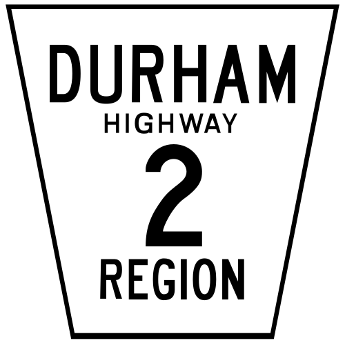 Variante de marqueur routier régional de Durham pour les autoroutes régionales, une catégorie spéciale du réseau routier régional de la région de Durham. Ce marqueur est celui de l'autoroute régionale 2 de Durham.
