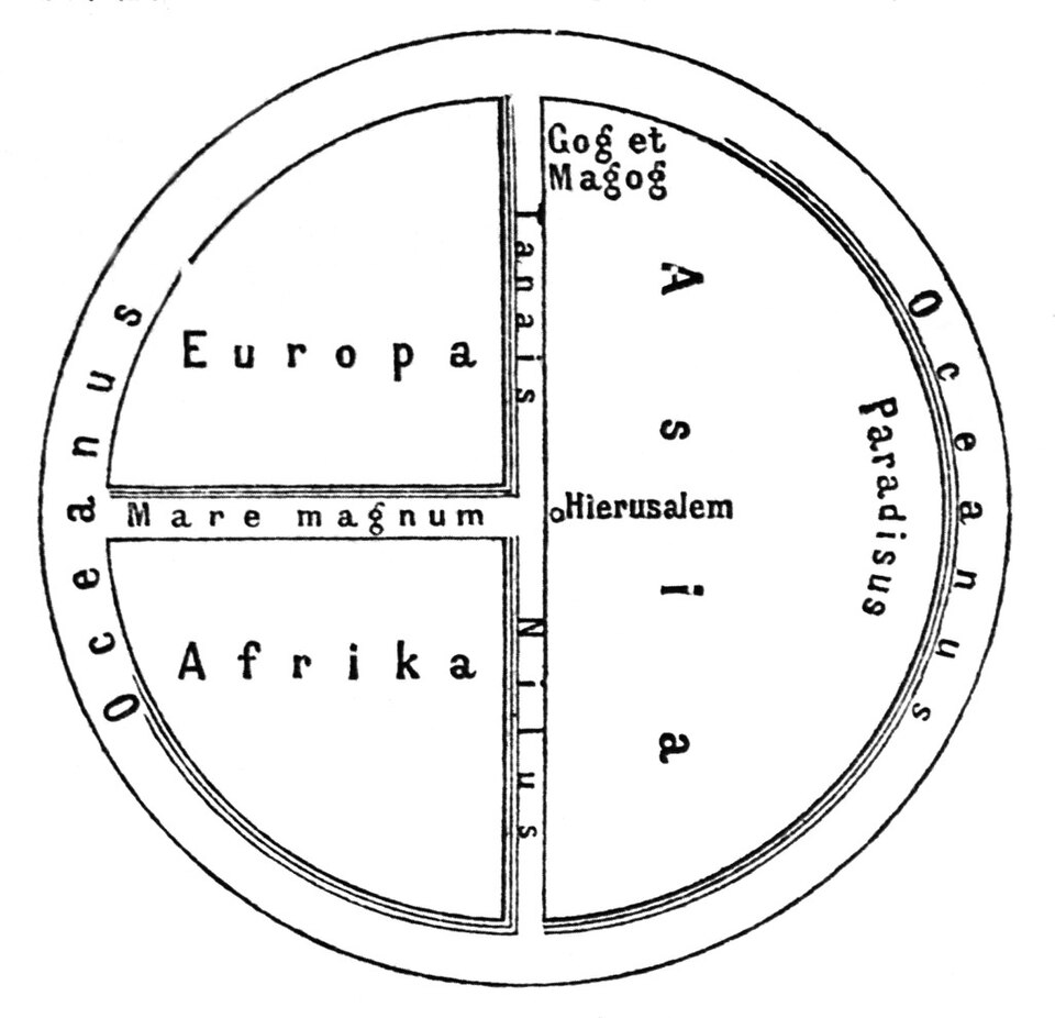 Reconstitution idéale des cartes médiévales en T et O (d'après le Meyers Konversationslexikon, 1890) (l'Asie est représentée à droite)