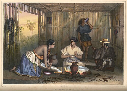 Las Tortilleras (Les fabricants de tortillas). Lithographie coloriée à la main, Mexique, début du XIXe siècle