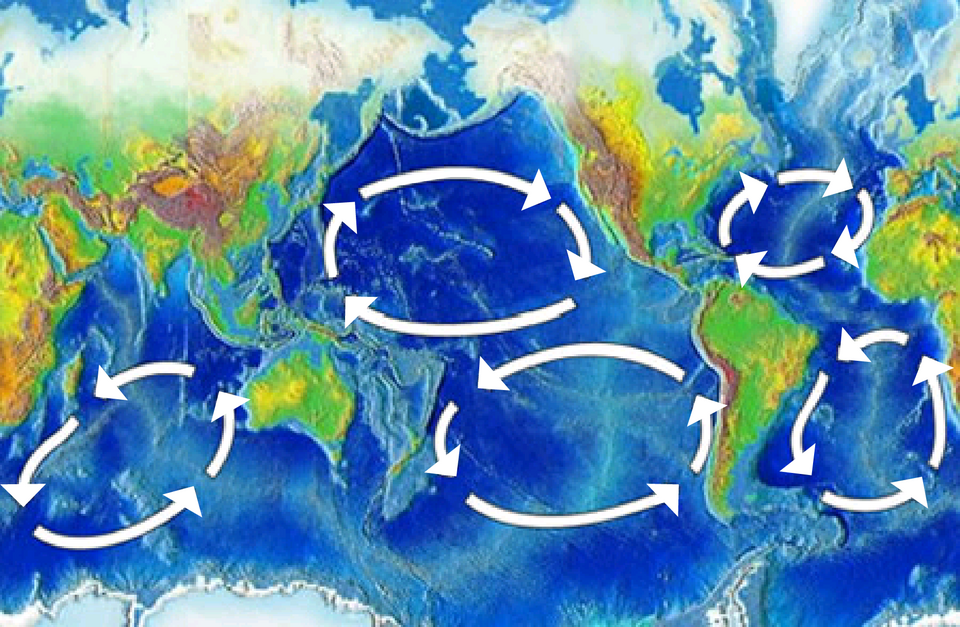 Carte montrant 5 cercles. Le premier se situe entre l'Australie occidentale et l'Afrique orientale. Le deuxième, entre l'Australie orientale et l'Amérique du Sud occidentale. Le troisième, entre le Japon et l'Amérique du Nord occidentale. Parmi les deux cercles situés dans l'Atlantique, l'un se trouve dans l'hémisphère.