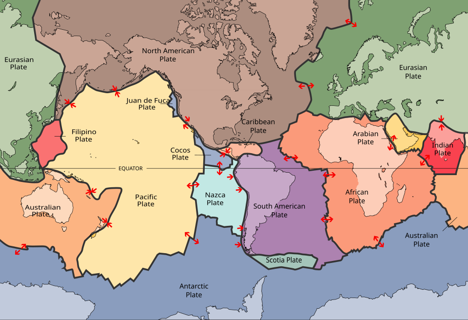 Les plaques de la croûte terrestre, selon la théorie de la tectonique des plaques