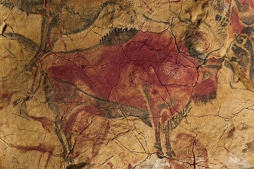 Bison en ocre rouge dans la grotte d'Altamira, Espagne, époque paléolithique supérieure (36 000 av. J.-C.)