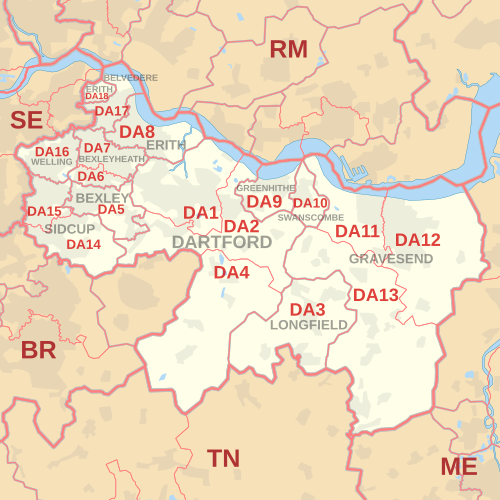 Carte des zones de codes postaux DA, montrant les districts postaux, les villes postales et les zones de codes postaux voisines.