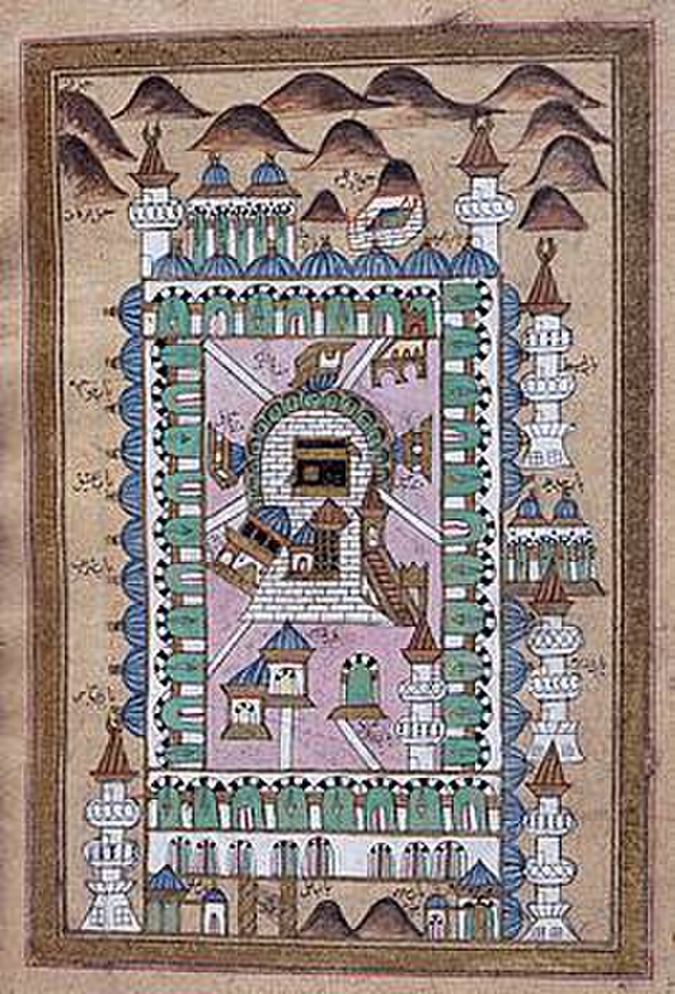 Une carte ottomane turque de 1787 de la Masjid al-Haram et des sites religieux associés, tels que Jabal al-Nour