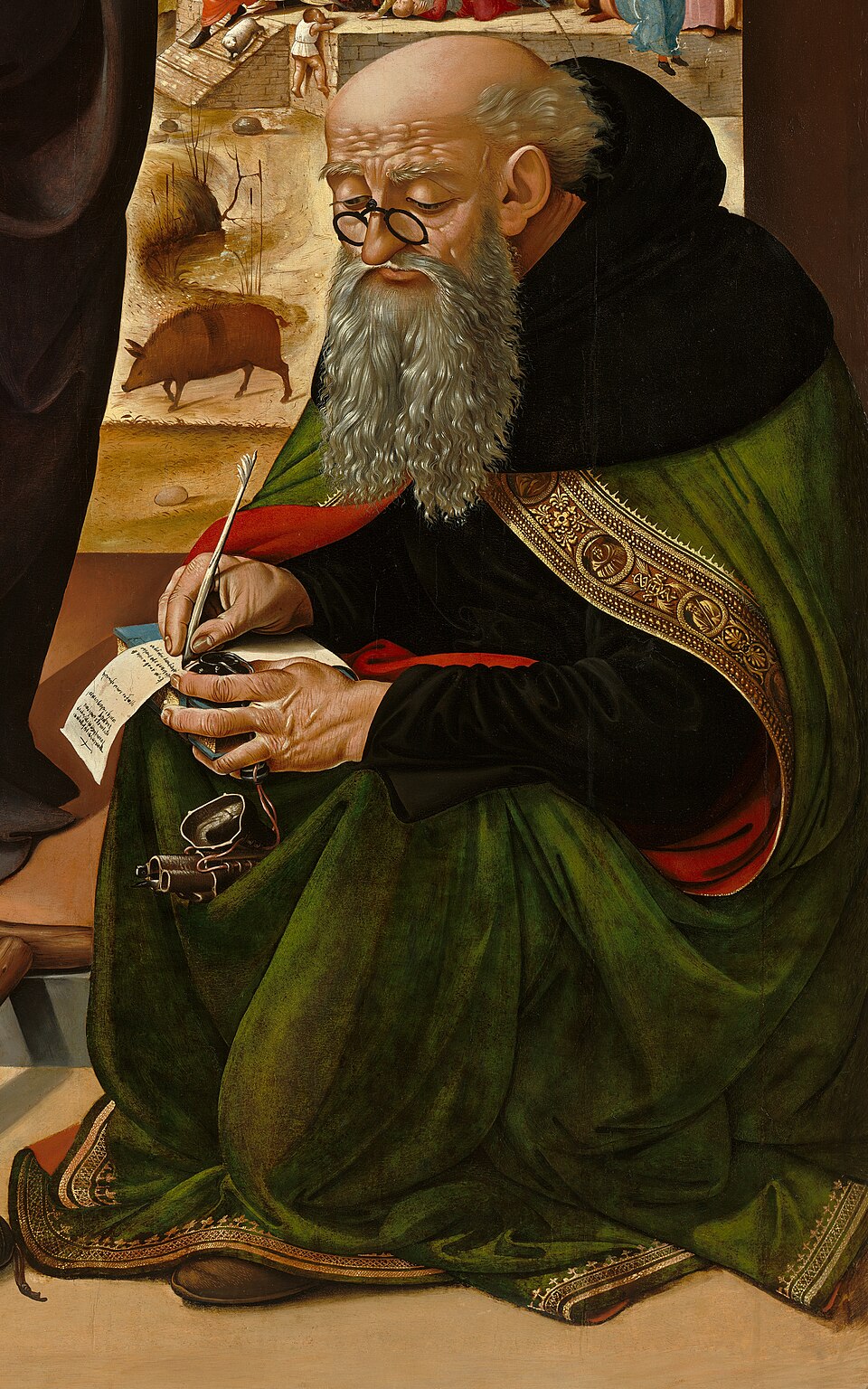 Tableau de saint Antoine avec un cochon en arrière-plan par Piero di Cosimo vers 1480