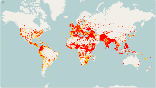Incidents terroristes, 1970-2015. Au total, 157 520 incidents sont répertoriés. Orange : 1970-1999, Rouge : 2000-2015