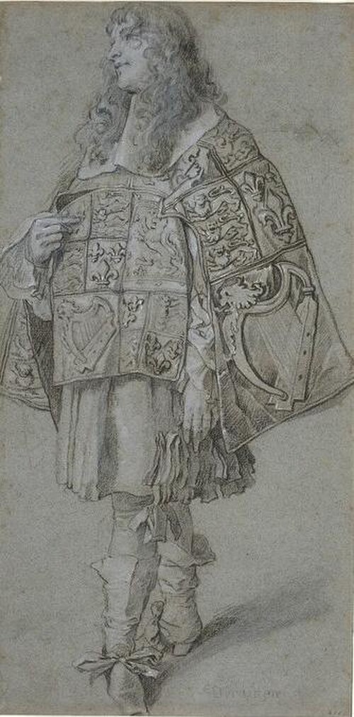 Un poursuivant portant son tabard « en travers ». Un dessin de Peter Lely des années 1660.