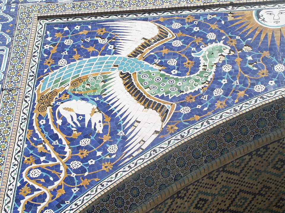 Phénix sur le portail de la médersa Nadir Divan-Beghi, Boukhara, Ouzbékistan