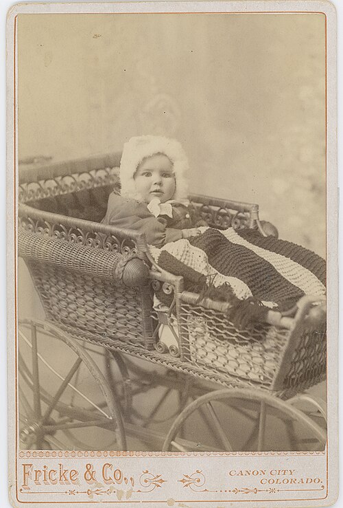 Portrait d'enfant dans une poussette en osier, 1894.