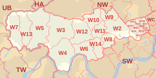 Carte de la zone de code postal W, indiquant les districts postaux, les villes postales et les zones de code postal voisines.