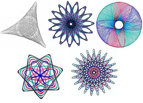 Plusieurs modèles Spirograph dessinés avec un ensemble Spirograph en utilisant plusieurs stylos de couleurs différentes