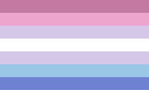 Drapeau de la fierté Bigender, composé de bandes horizontales, de haut en bas, rose, rose clair, lavande, blanc, bleu clair et bleu.