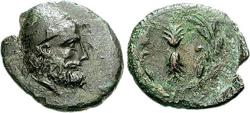 Ulysse portant un pileus représenté sur une pièce de monnaie du IIIe siècle avant J.-C. provenant d'Ithaque