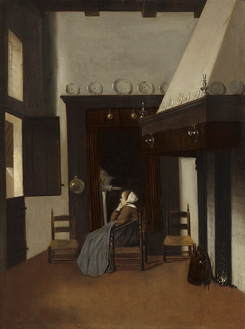 Jeune femme dans un intérieur de Jacob Vrel montre une femme plus âgée se reposant ou dormant dans un lit-boîte avec le compagnon titulaire assis à côté d'elle.