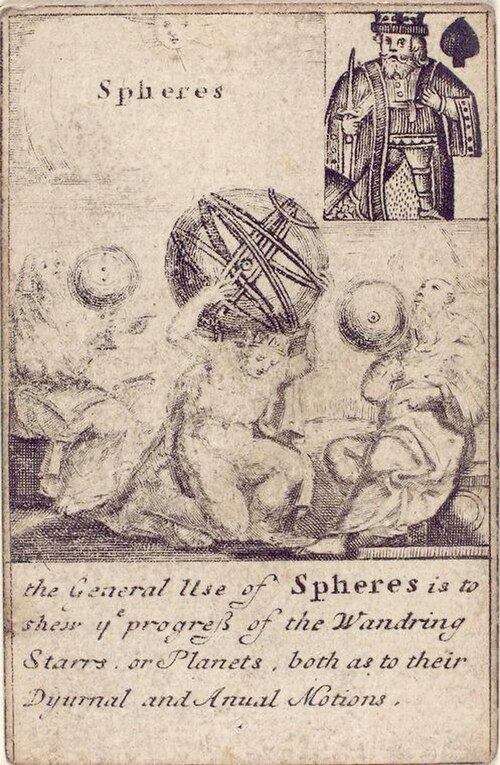 Jeu de cartes illustrant des instruments d'ingénierie, Angleterre, 1702. Roi de pique : Sphères